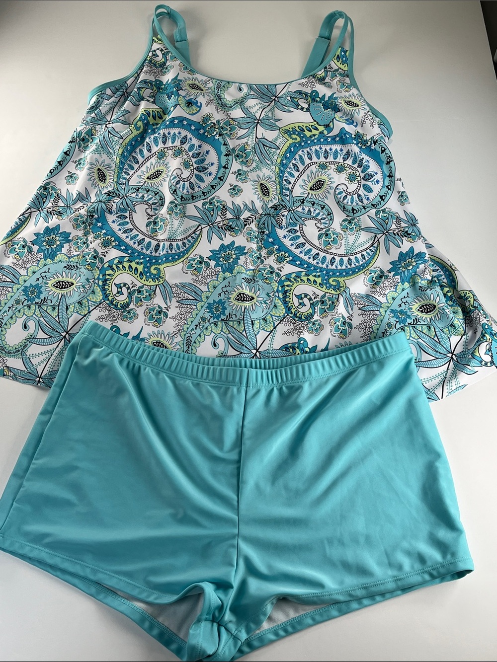 Women’s Aqua Paisley Tankini with Aqua Swim Shorts